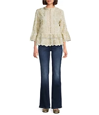 John Mark Petite Size Allover Floral Embroidered Spread Collar 3/4 Sleeve Peasant Top