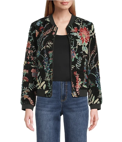 John Mark Petite Size Allover Floral Jacquard Beaded Long Sleeve Ribbed Neck Zip-Front Jacket
