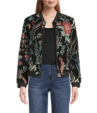 John Mark Petite Size Allover Floral Jacquard Beaded Long Sleeve Ribbed Neck Zip-Front Jacket