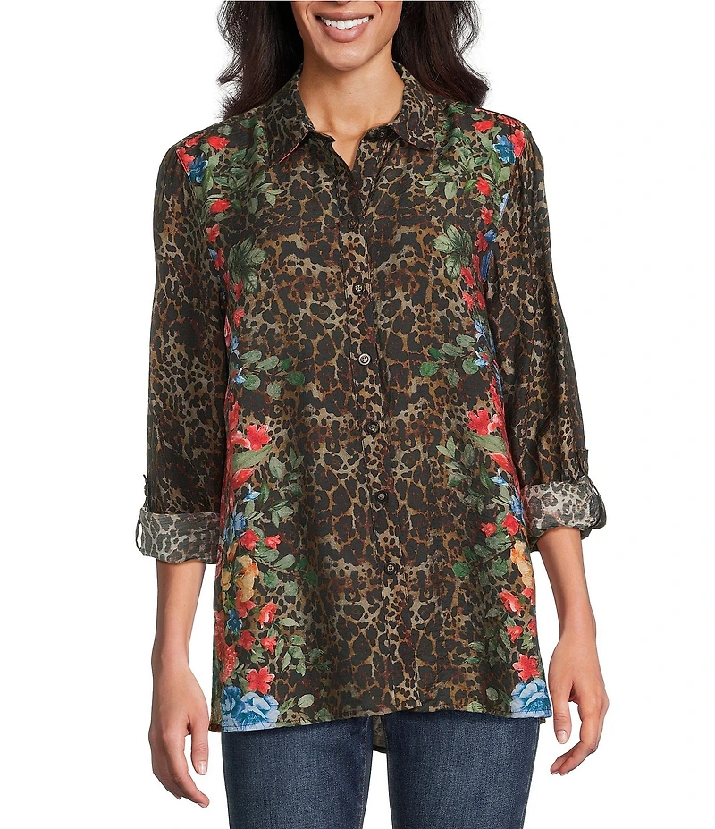 John Mark Petite Size Animal Skin Floral Multi Print Point Collar Long Roll-Tab Sleeve Button Front Tunic
