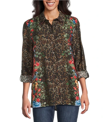 John Mark Petite Size Animal Skin Floral Multi Print Point Collar Long Roll-Tab Sleeve Button Front Tunic