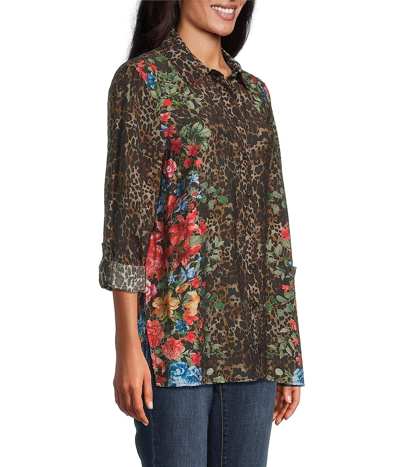 John Mark Petite Size Animal Skin Floral Multi Print Point Collar Long Roll-Tab Sleeve Button Front Tunic