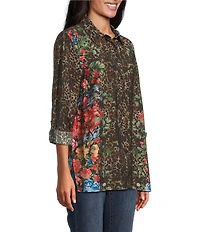 John Mark Petite Size Animal Skin Floral Multi Print Point Collar Long Roll-Tab Sleeve Button Front Tunic