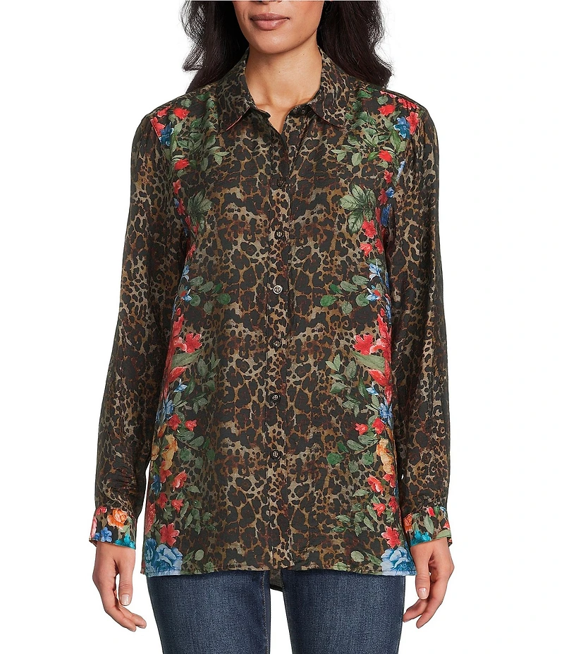 John Mark Petite Size Animal Skin Floral Multi Print Point Collar Long Roll-Tab Sleeve Button Front Tunic