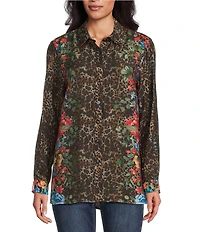 John Mark Petite Size Animal Skin Floral Multi Print Point Collar Long Roll-Tab Sleeve Button Front Tunic