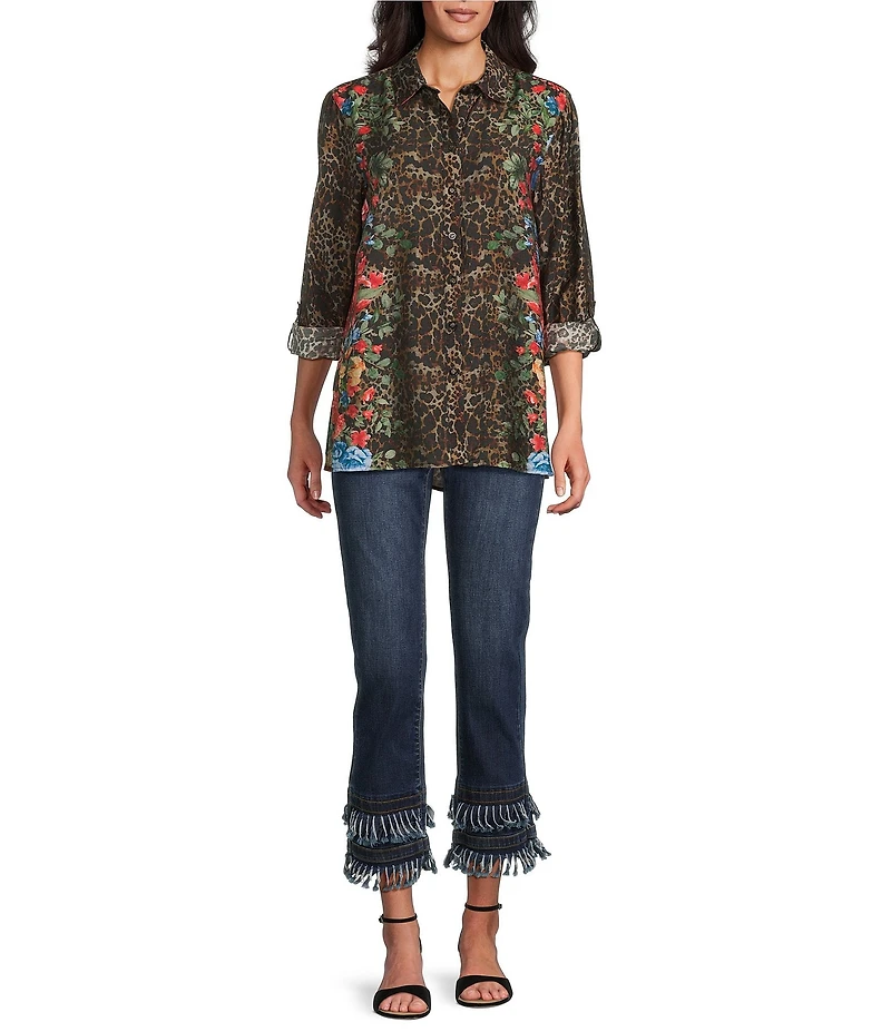 John Mark Petite Size Animal Skin Floral Multi Print Point Collar Long Roll-Tab Sleeve Button Front Tunic
