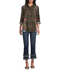 John Mark Petite Size Animal Skin Floral Multi Print Point Collar Long Roll-Tab Sleeve Button Front Tunic