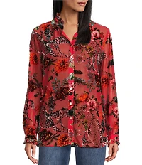 John Mark Petite Size Burnout Velvet Floral Animal Print Ruffled Round Neck Long Sleeve Button Front Blouse