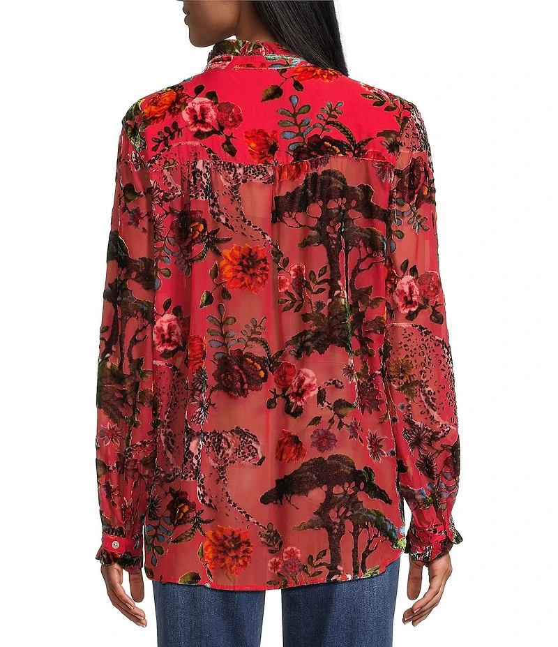 John Mark Petite Size Burnout Velvet Floral Animal Print Ruffled Round Neck Long Sleeve Button Front Blouse