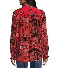 John Mark Petite Size Burnout Velvet Floral Animal Print Ruffled Round Neck Long Sleeve Button Front Blouse