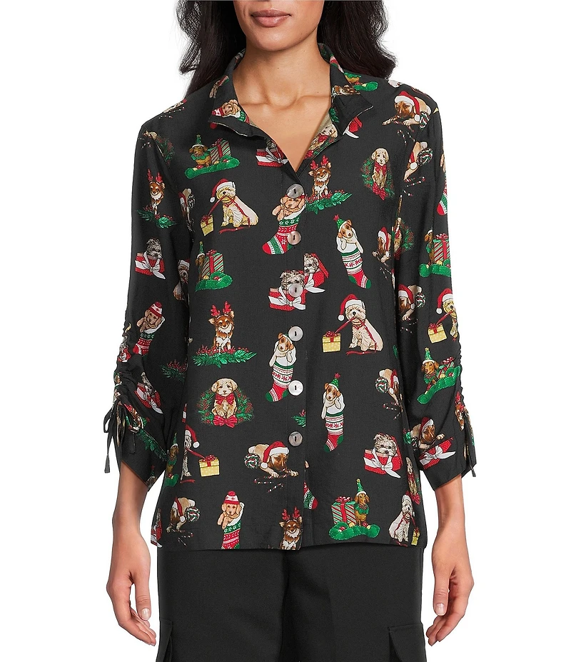 John Mark Petite Size Christmas Novelty Dog Print Wire Collar 3/4 Cinched Tie Sleeve Button-Front Blouse