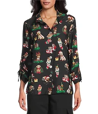 John Mark Petite Size Christmas Novelty Dog Print Wire Collar 3/4 Cinched Tie Sleeve Button-Front Blouse