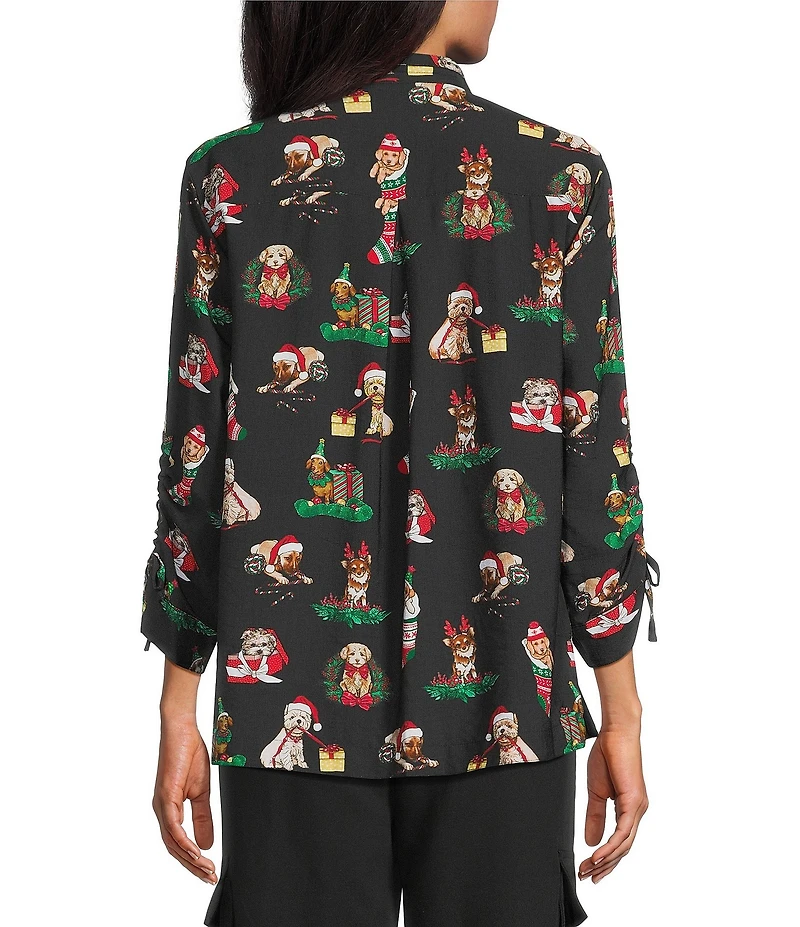 John Mark Petite Size Christmas Novelty Dog Print Wire Collar 3/4 Cinched Tie Sleeve Button-Front Blouse