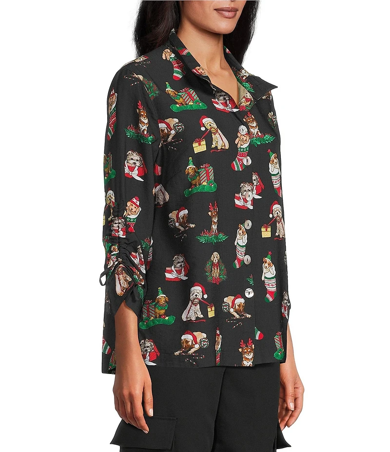 John Mark Petite Size Christmas Novelty Dog Print Wire Collar 3/4 Cinched Tie Sleeve Button-Front Blouse