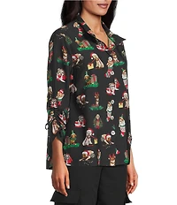 John Mark Petite Size Christmas Novelty Dog Print Wire Collar 3/4 Cinched Tie Sleeve Button-Front Blouse