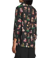 John Mark Petite Size Christmas Novelty Dog Print Wire Collar 3/4 Cinched Tie Sleeve Button-Front Blouse