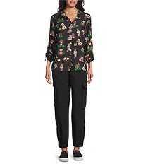 John Mark Petite Size Christmas Novelty Dog Print Wire Collar 3/4 Cinched Tie Sleeve Button-Front Blouse