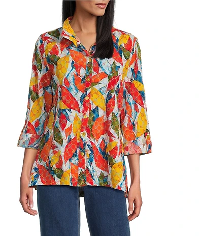 John Mark Petite Size Embroidered Abstract Leaf Print Wire Collar 3/4 Roll-Tab Sleeve Hi-Low Hem Button Front Tunic