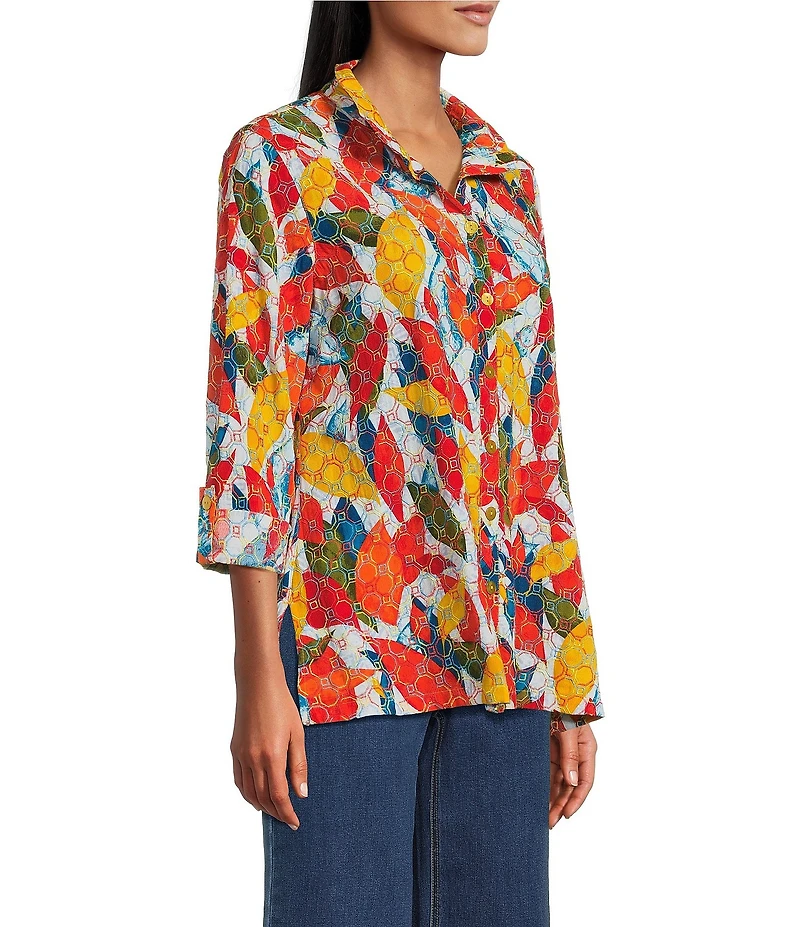 John Mark Petite Size Embroidered Abstract Leaf Print Wire Collar 3/4 Roll-Tab Sleeve Hi-Low Hem Button Front Tunic