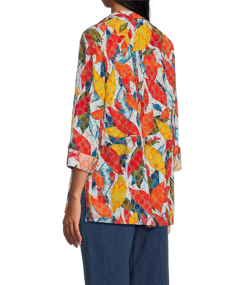 John Mark Petite Size Embroidered Abstract Leaf Print Wire Collar 3/4 Roll-Tab Sleeve Hi-Low Hem Button Front Tunic