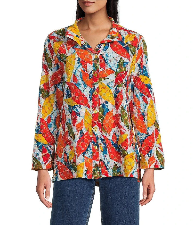 John Mark Petite Size Embroidered Abstract Leaf Print Wire Collar 3/4 Roll-Tab Sleeve Hi-Low Hem Button Front Tunic