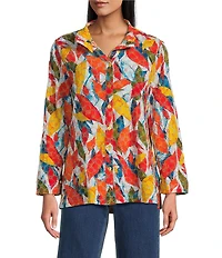 John Mark Petite Size Embroidered Abstract Leaf Print Wire Collar 3/4 Roll-Tab Sleeve Hi-Low Hem Button Front Tunic