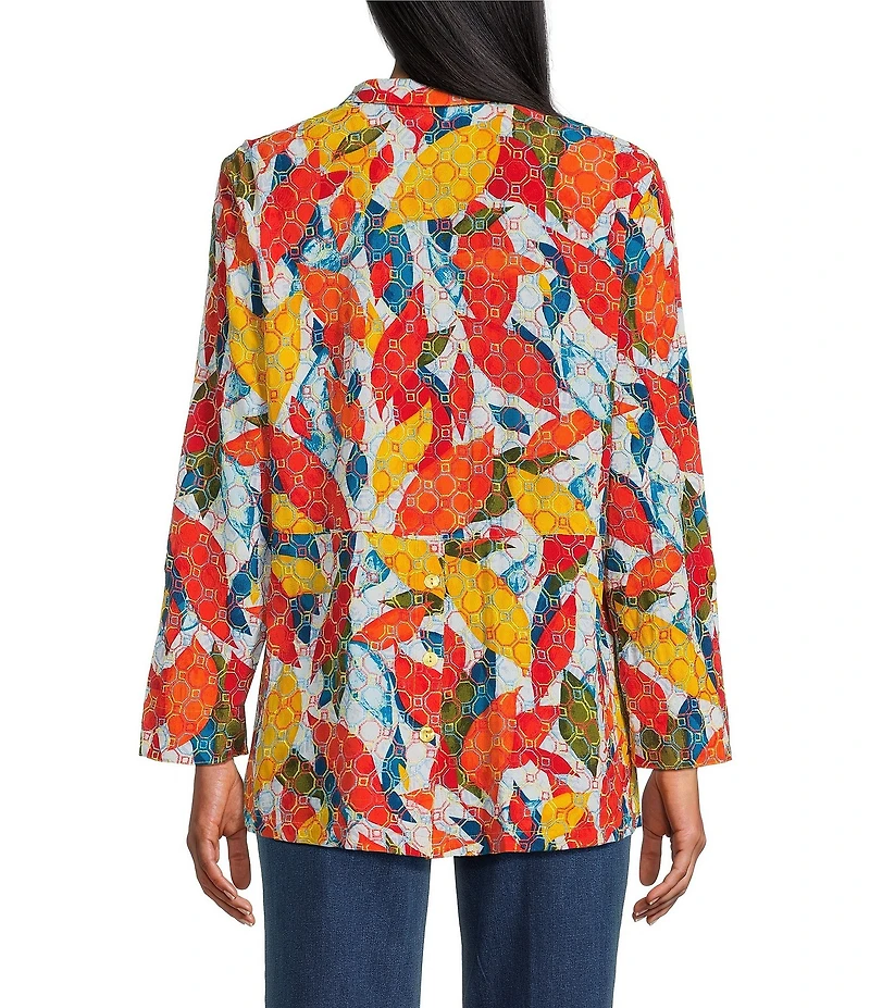 John Mark Petite Size Embroidered Abstract Leaf Print Wire Collar 3/4 Roll-Tab Sleeve Hi-Low Hem Button Front Tunic