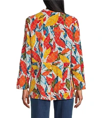 John Mark Petite Size Embroidered Abstract Leaf Print Wire Collar 3/4 Roll-Tab Sleeve Hi-Low Hem Button Front Tunic