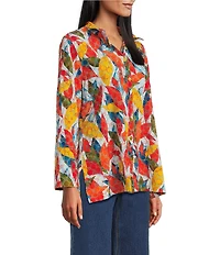 John Mark Petite Size Embroidered Abstract Leaf Print Wire Collar 3/4 Roll-Tab Sleeve Hi-Low Hem Button Front Tunic