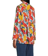 John Mark Petite Size Embroidered Abstract Leaf Print Wire Collar 3/4 Roll-Tab Sleeve Hi-Low Hem Button Front Tunic