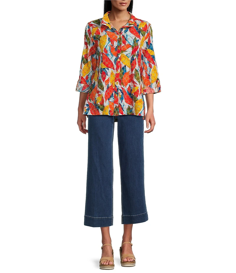 John Mark Petite Size Embroidered Abstract Leaf Print Wire Collar 3/4 Roll-Tab Sleeve Hi-Low Hem Button Front Tunic
