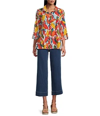 John Mark Petite Size Embroidered Abstract Leaf Print Wire Collar 3/4 Roll-Tab Sleeve Hi-Low Hem Button Front Tunic