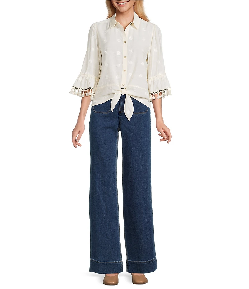 John Mark Petite Size Embroidered Dots Tassel Trim Point Collar 3/4 Sleeve Button Tie-Front Blouse