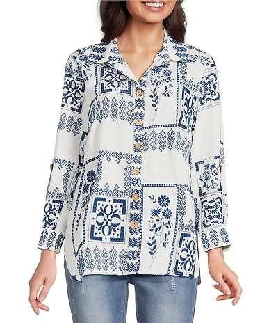 John Mark Petite Size Embroidered Floral Eyelet Patchwork Point Collar Long Roll-Tab Sleeve Button Front Shirt
