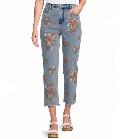 John Mark Petite Size Embroidered Floral Flare Crop Jeans