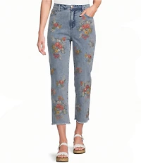 John Mark Petite Size Embroidered Floral Flare Crop Jeans