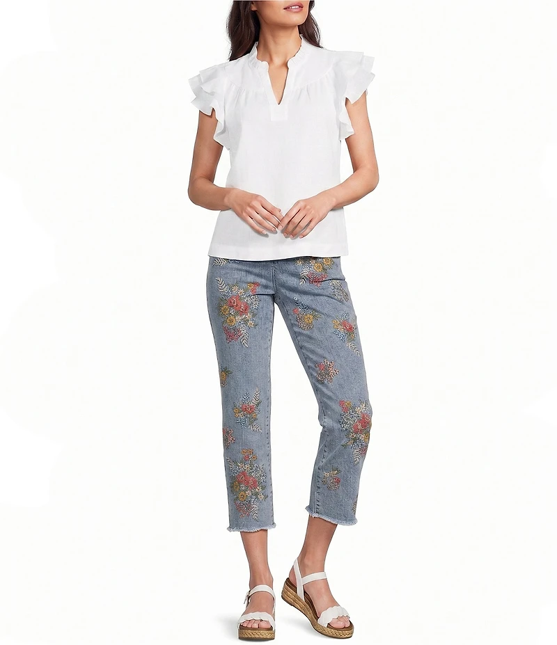 John Mark Petite Size Embroidered Floral Flare Crop Jeans