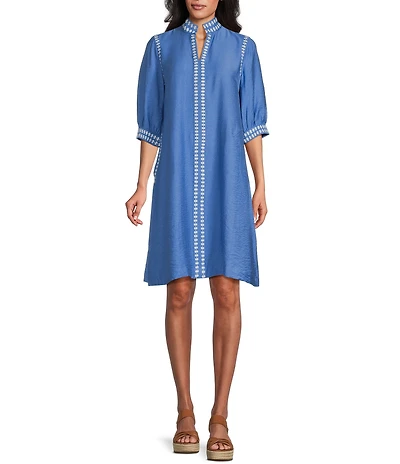 John Mark Petite Size Embroidered Floral Mandarin Collar 3/4 Sleeve Shift Dress