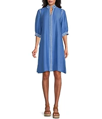 John Mark Petite Size Embroidered Floral Mandarin Collar 3/4 Sleeve Shift Dress