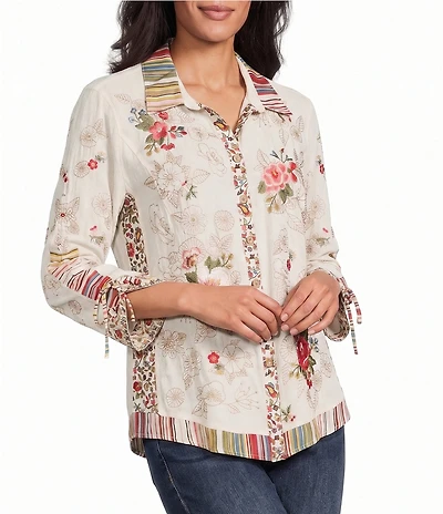 John Mark Petite Size Embroidered Floral Multicolor Stripe Point Collar 3/4 Cinched Sleeve Button-Front Shirt