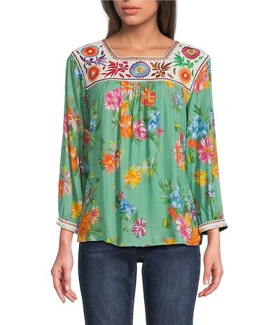 John Mark Petite Size Embroidered Floral Print Square Neck 3/4 Sleeve Peasant Top
