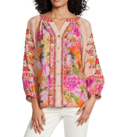John Mark Petite Size Embroidered Floral Split V-Neck 3/4 Cuff Sleeve Hi-Low Hem Button Front Top