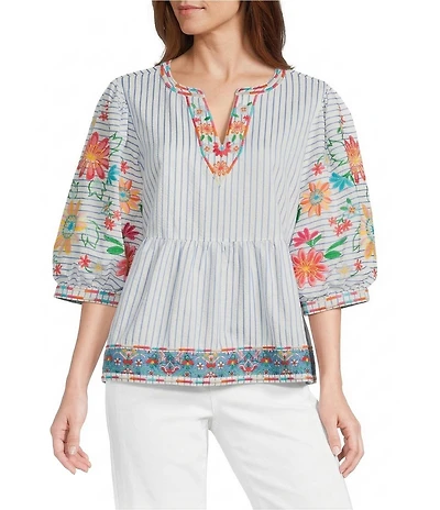 John Mark Petite Size Embroidered Floral Stripe Split V-Neck 3/4 Sleeve Top