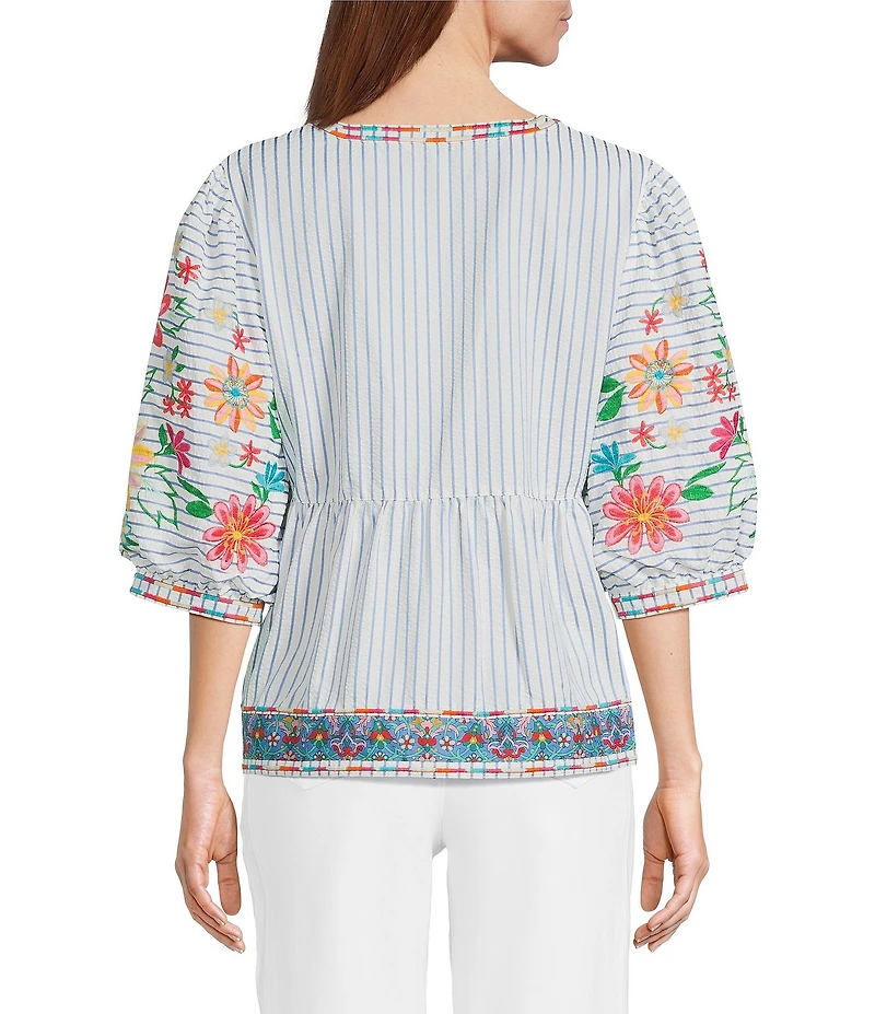 John Mark Petite Size Embroidered Floral Stripe Split V-Neck 3/4 Sleeve Top