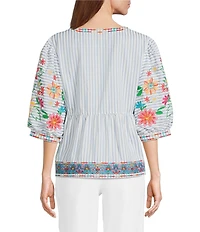 John Mark Petite Size Embroidered Floral Stripe Split V-Neck 3/4 Sleeve Top