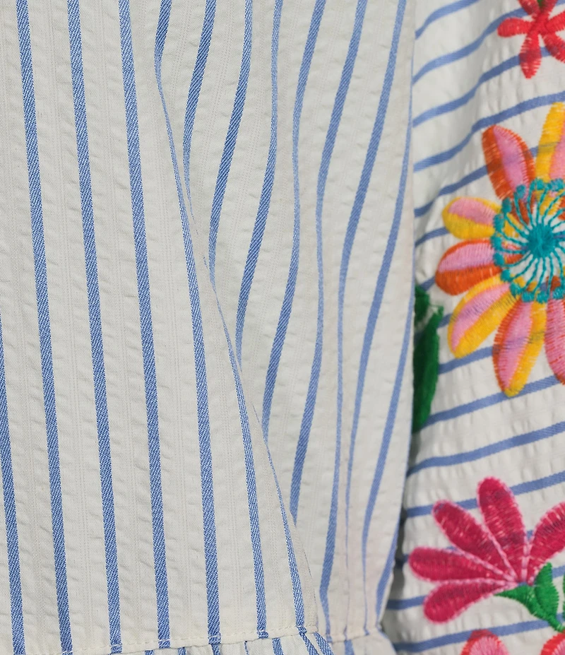 John Mark Petite Size Embroidered Floral Stripe Split V-Neck 3/4 Sleeve Top