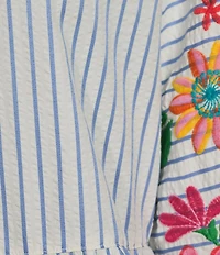 John Mark Petite Size Embroidered Floral Stripe Split V-Neck 3/4 Sleeve Top