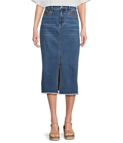 John Mark Petite Size Embroidered Front Slit Midi Denim Skirt