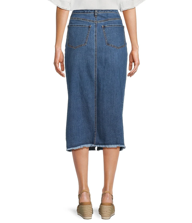 John Mark Petite Size Embroidered Front Slit Midi Denim Skirt