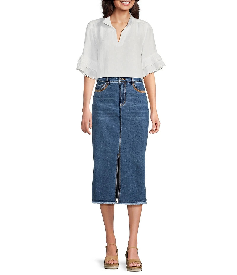 John Mark Petite Size Embroidered Front Slit Midi Denim Skirt